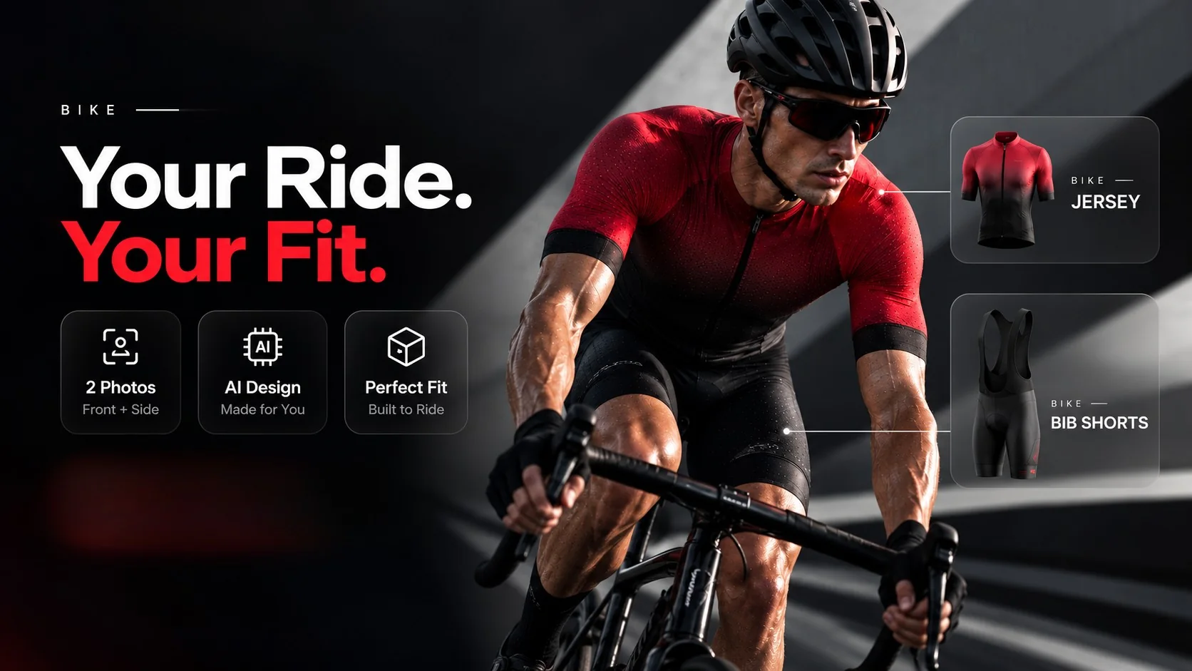 Custom cycling collection – jersey and bib shorts designed by AI to fit you